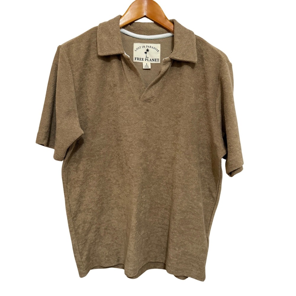 Free Planet Men Polo Shirt Small Brown Terry Cloth V-Neck Resort Retro Cabana